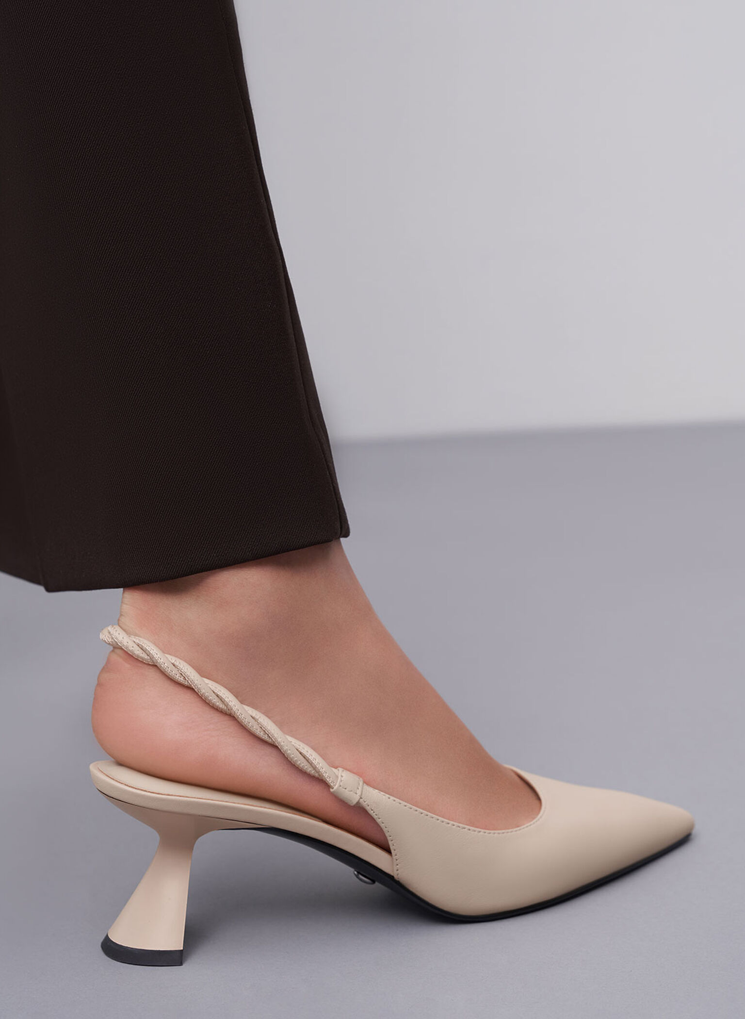 Leather Braided Slingback Pumps, Beige, hi-res