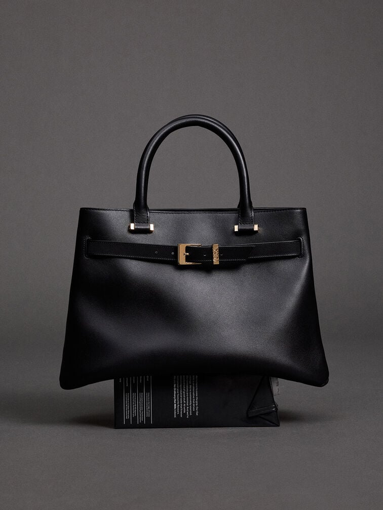 Voyager Leather Belted Trapeze Tote Bag, Black, hi-res