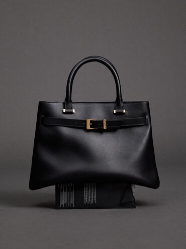 Voyager Leather Belted Trapeze Tote Bag, Black, hi-res