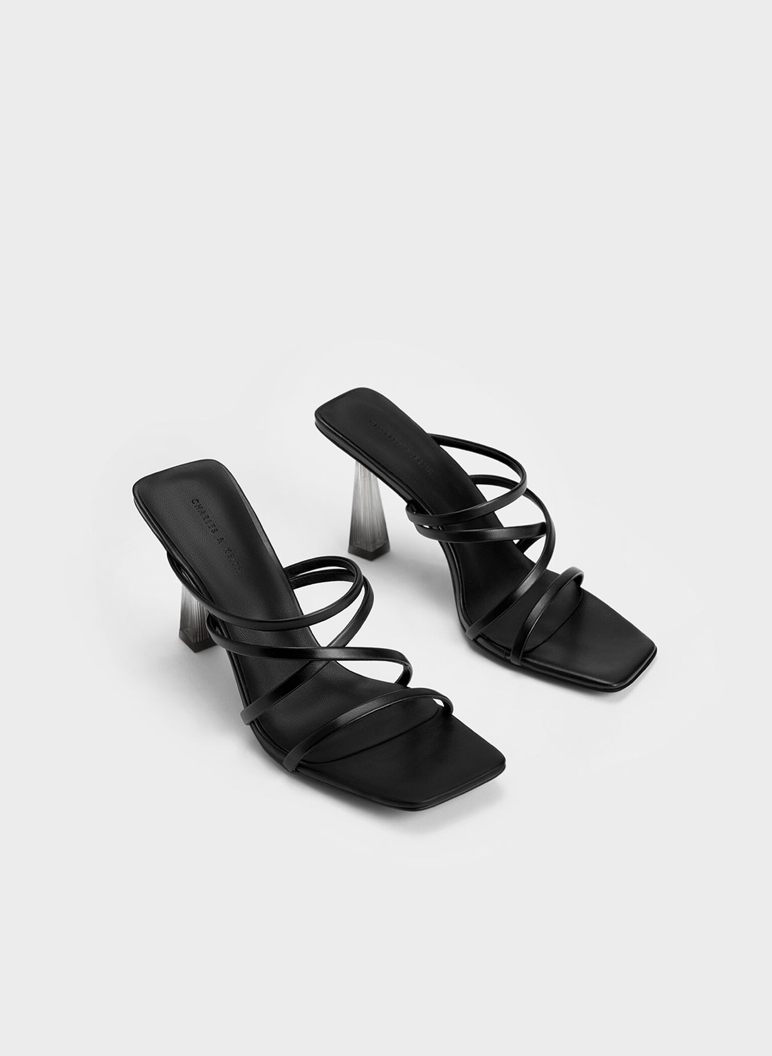 Transparent Heel Strappy Mules, Black, hi-res