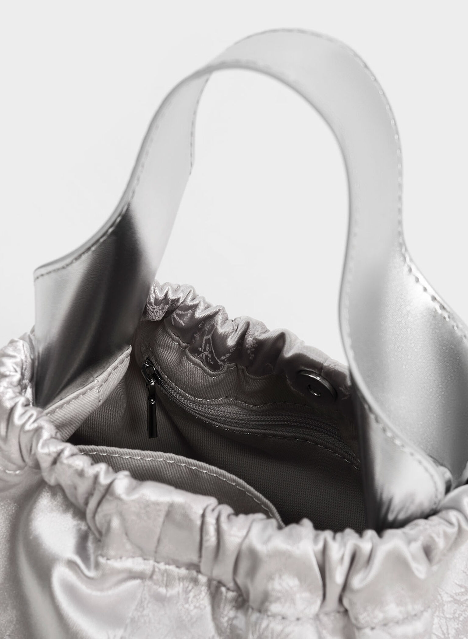Ally Satin Floral-Print Ruched Bag, Silver, hi-res