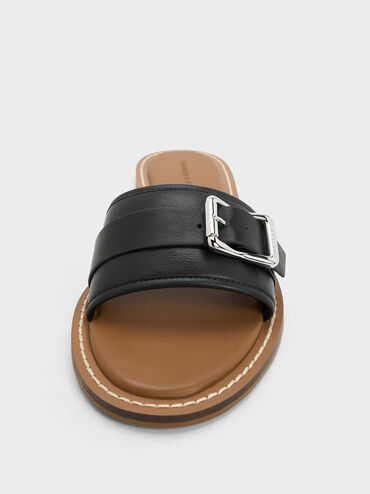 Buckled Slide Sandals, Black, hi-res