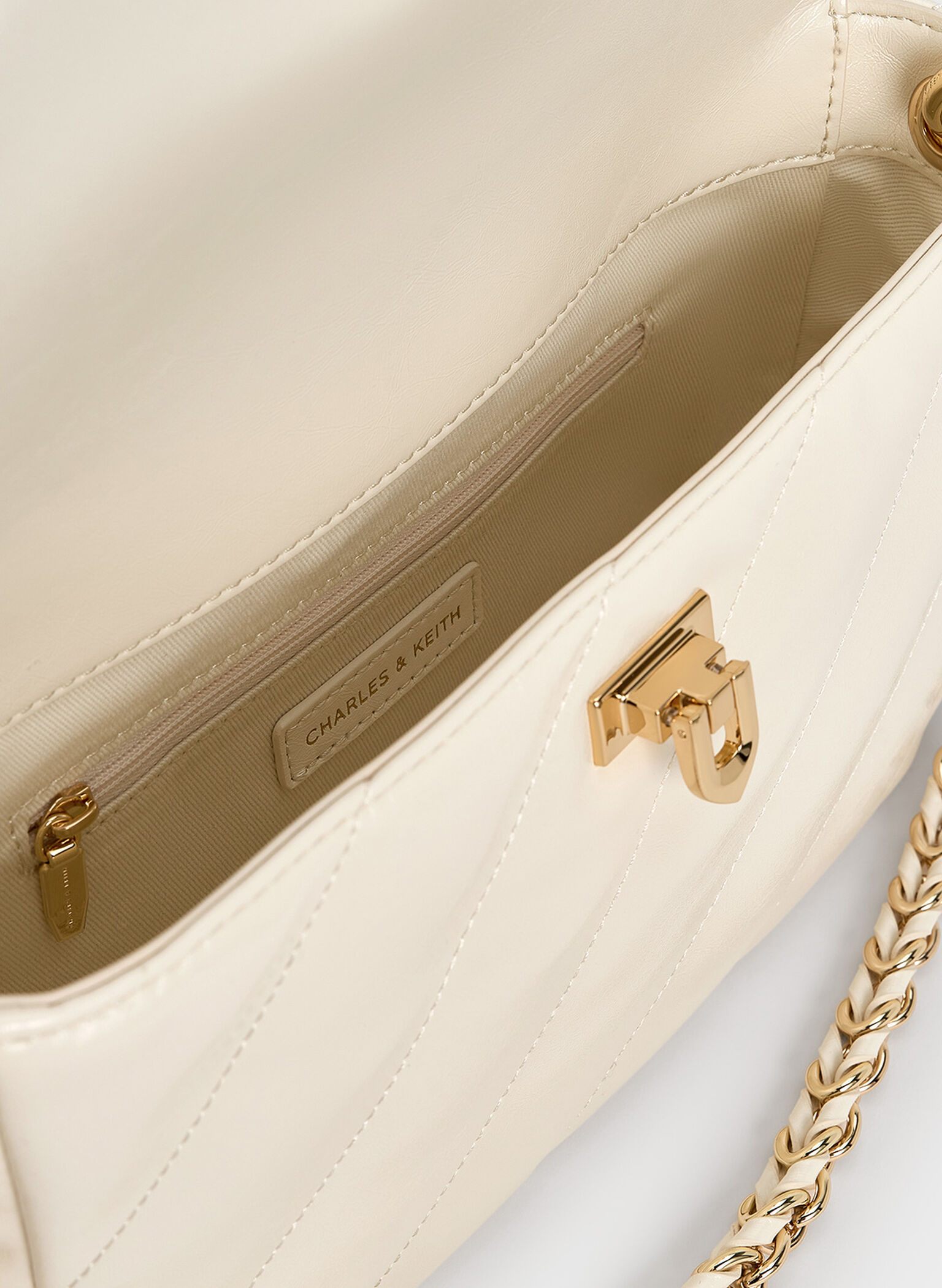 Fawn Panelled Front Flap Chain-Handle Bag, Cream, hi-res