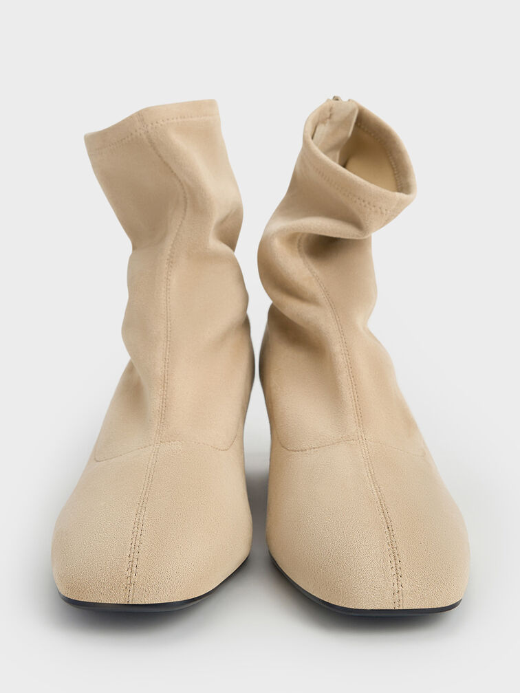 Faux Suede Stitch-Trim Heeled Ankle Boots, Sand, hi-res