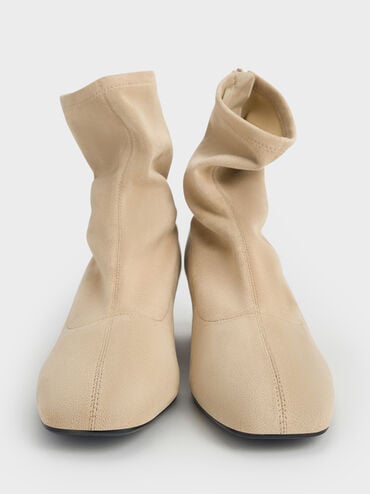 Faux Suede Stitch-Trim Heeled Ankle Boots, Sand, hi-res