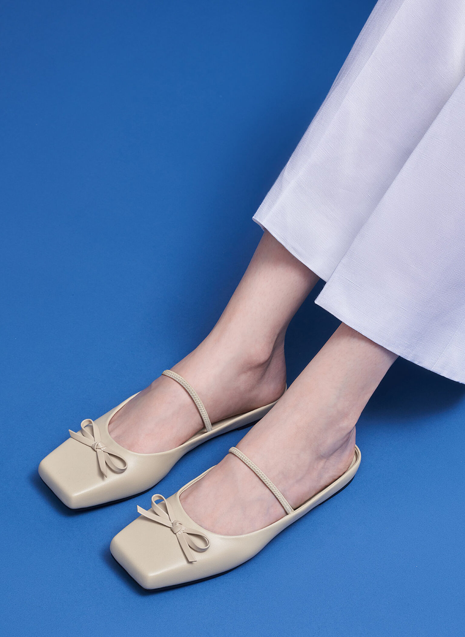 Bow Square-Toe Ballet Mules, Beige, hi-res