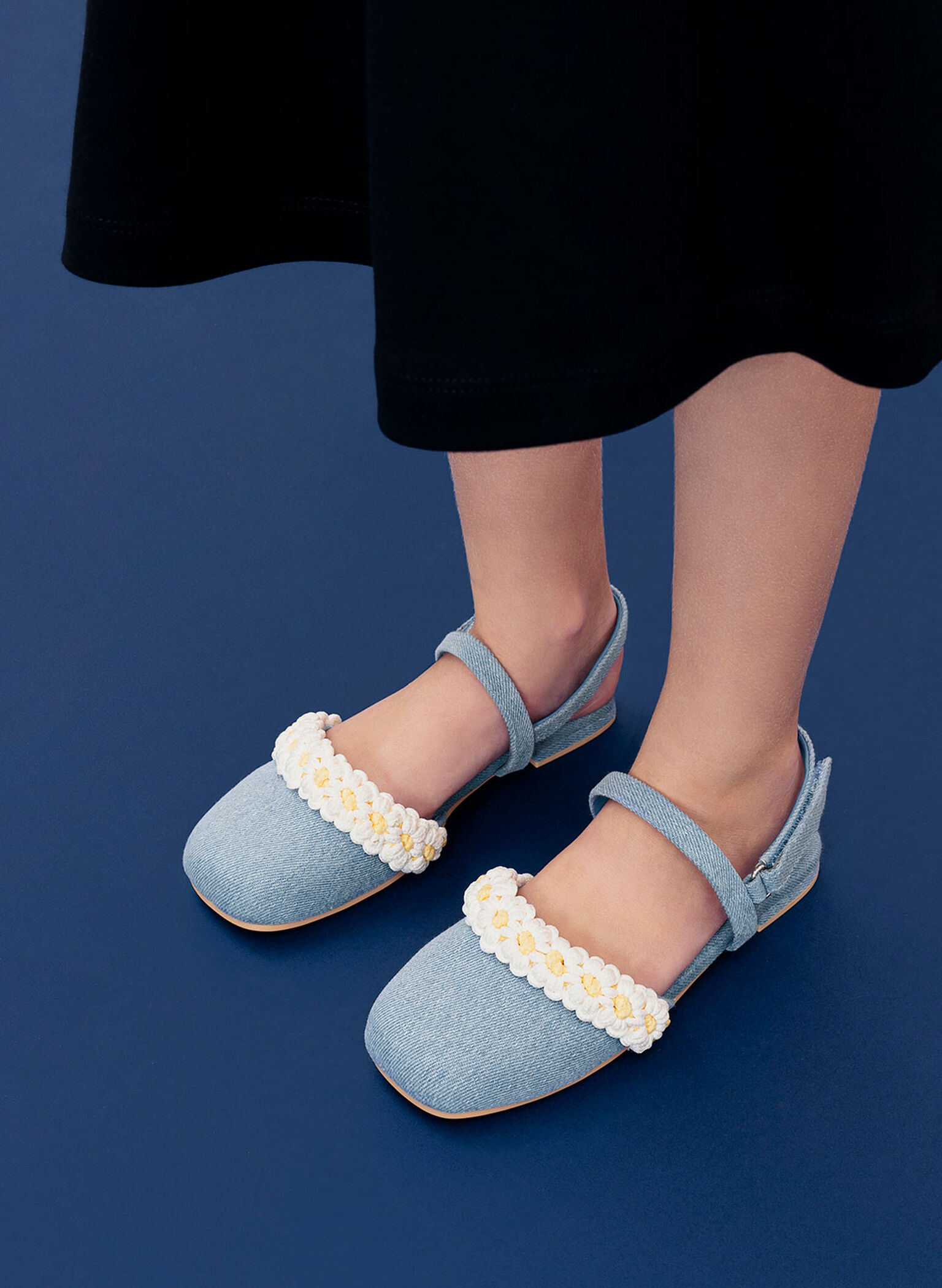 Girls' Floral Crochet Denim Slingback Flats, Light Blue, hi-res