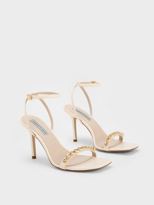 Chain-Embellished Ankle Strap Sandals, Chalk, hi-res