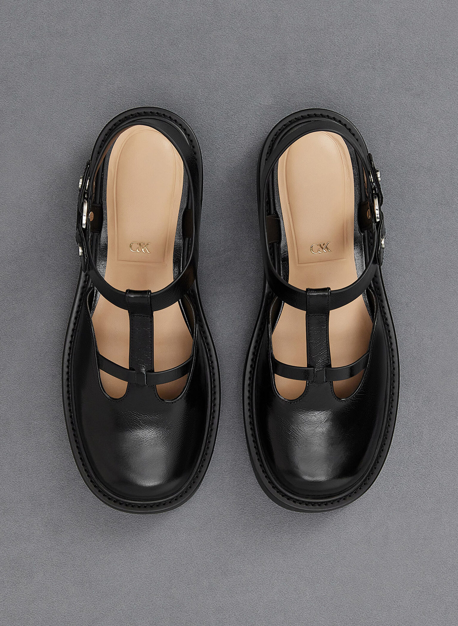 Leather Cut-Out T-Bar Mary Jane Flats, Black, hi-res