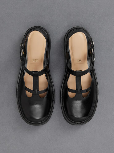Leather Cut-Out T-Bar Mary Jane Flats, Black, hi-res
