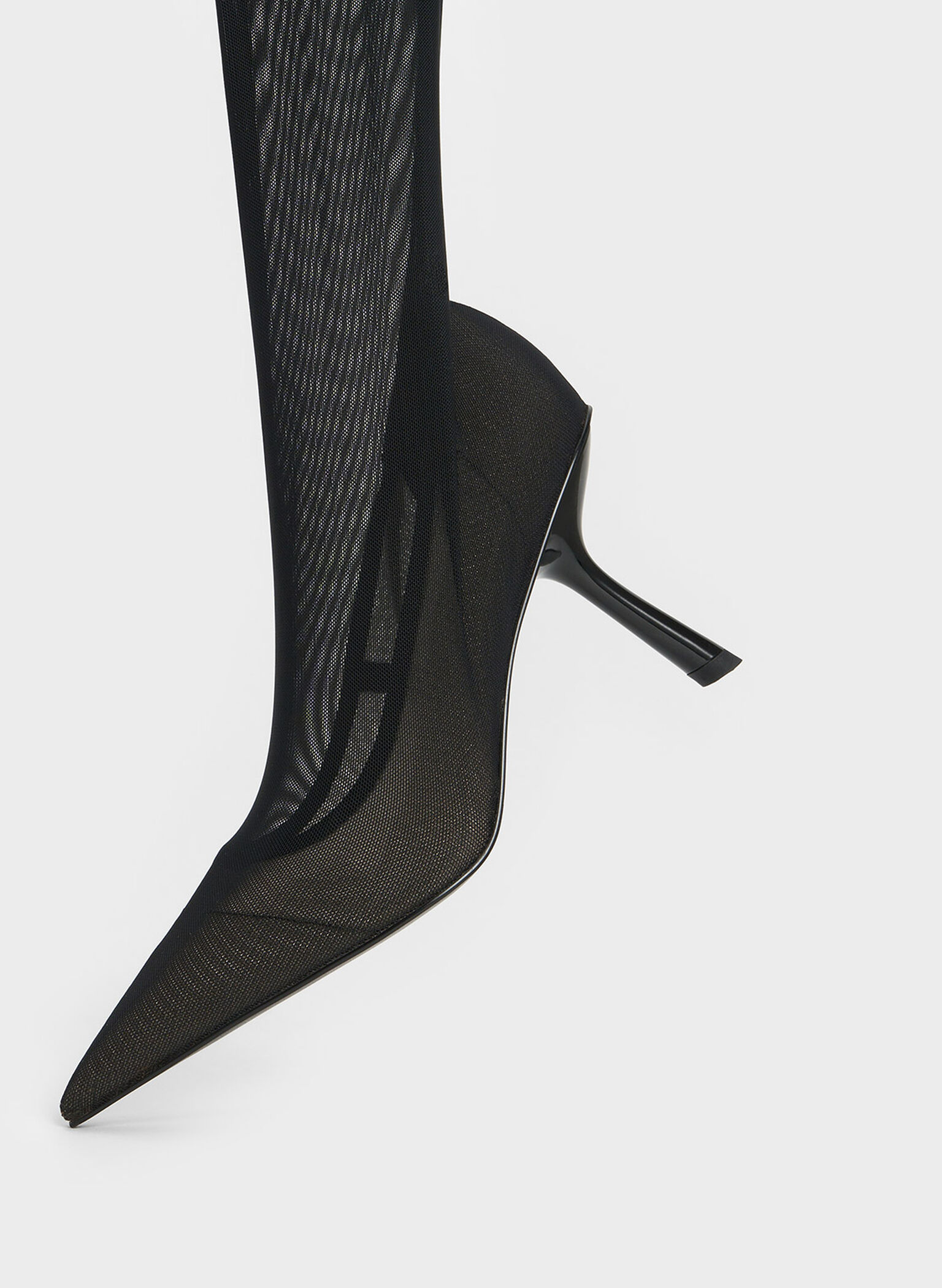 Mesh Slant-Heel Thigh-High Boots, Black Textured, hi-res