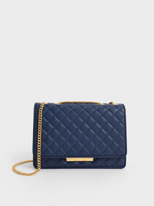 Double Chain Handle Quilted Bag, Navy, hi-res