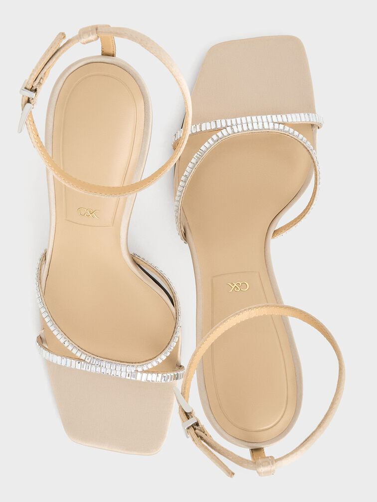 Recycled Polyester Crystal-Embellished Ankle-Strap Sandals, Champagne, hi-res