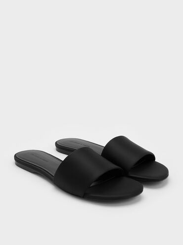 Satin Slide Sandals, Black Textured, hi-res