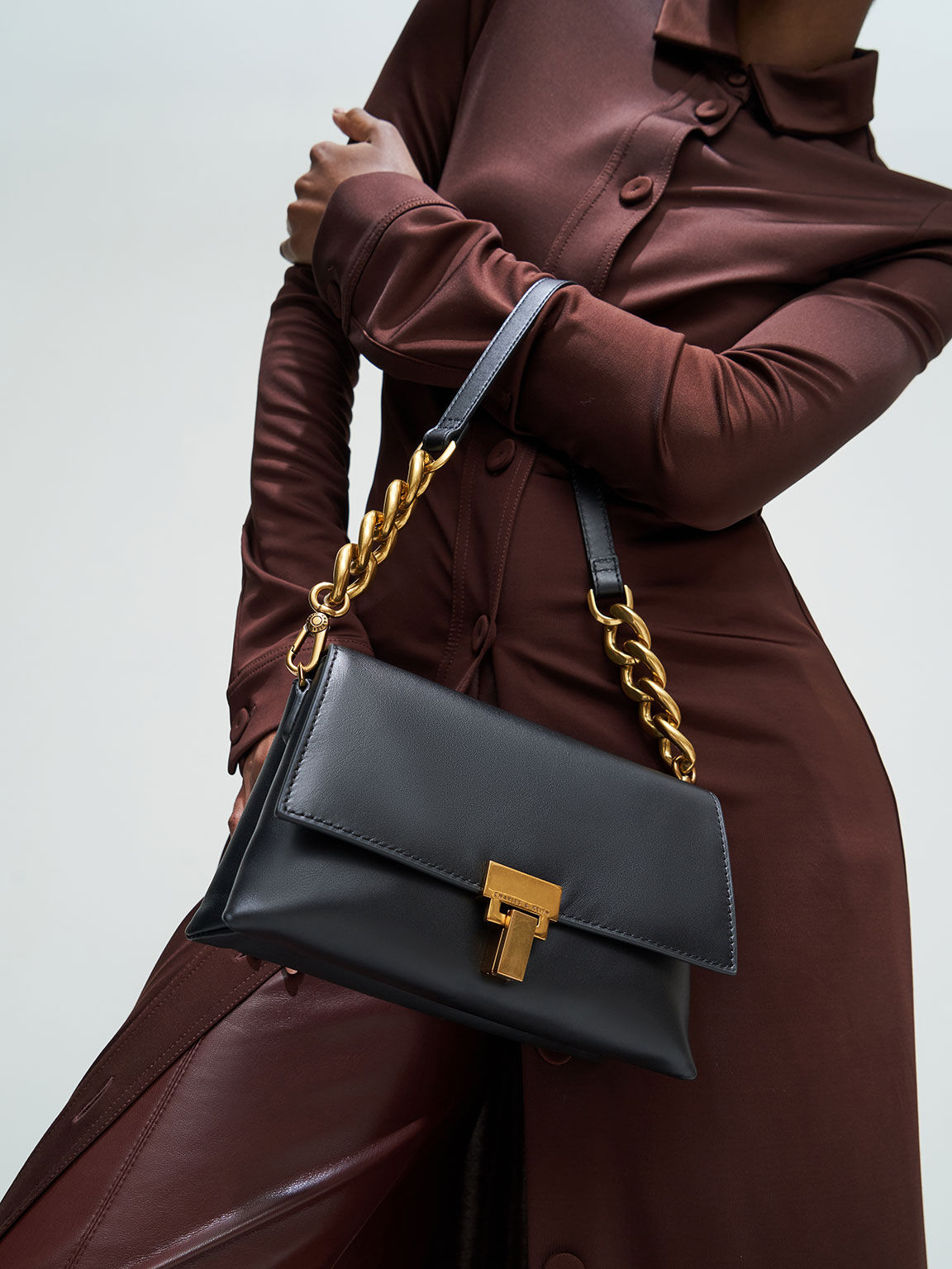 Leather Push-Lock Shoulder Bag, Black, hi-res