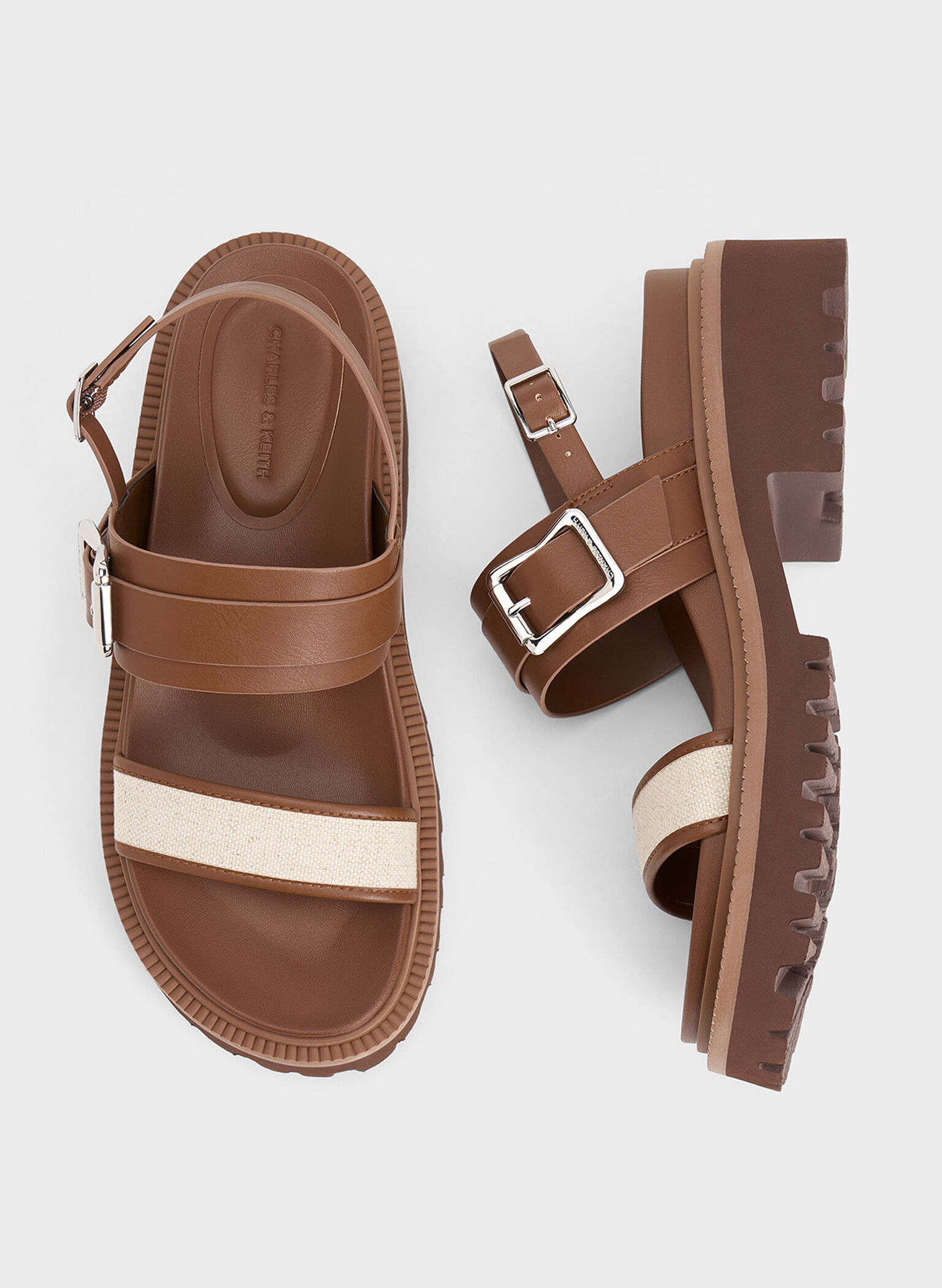 Buckled Platform Slingback Sandals, Caramel, hi-res