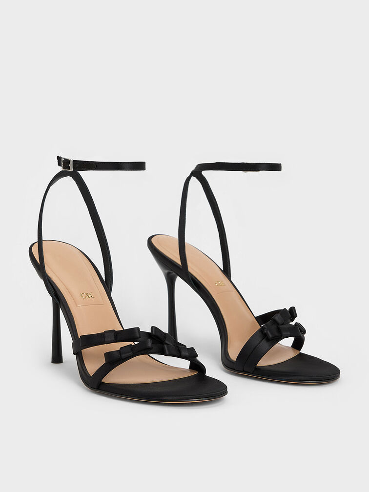 Jessy Recycled Polyester Bow Ankle-Strap Stiletto-Heel Sandals, Black Textured, hi-res