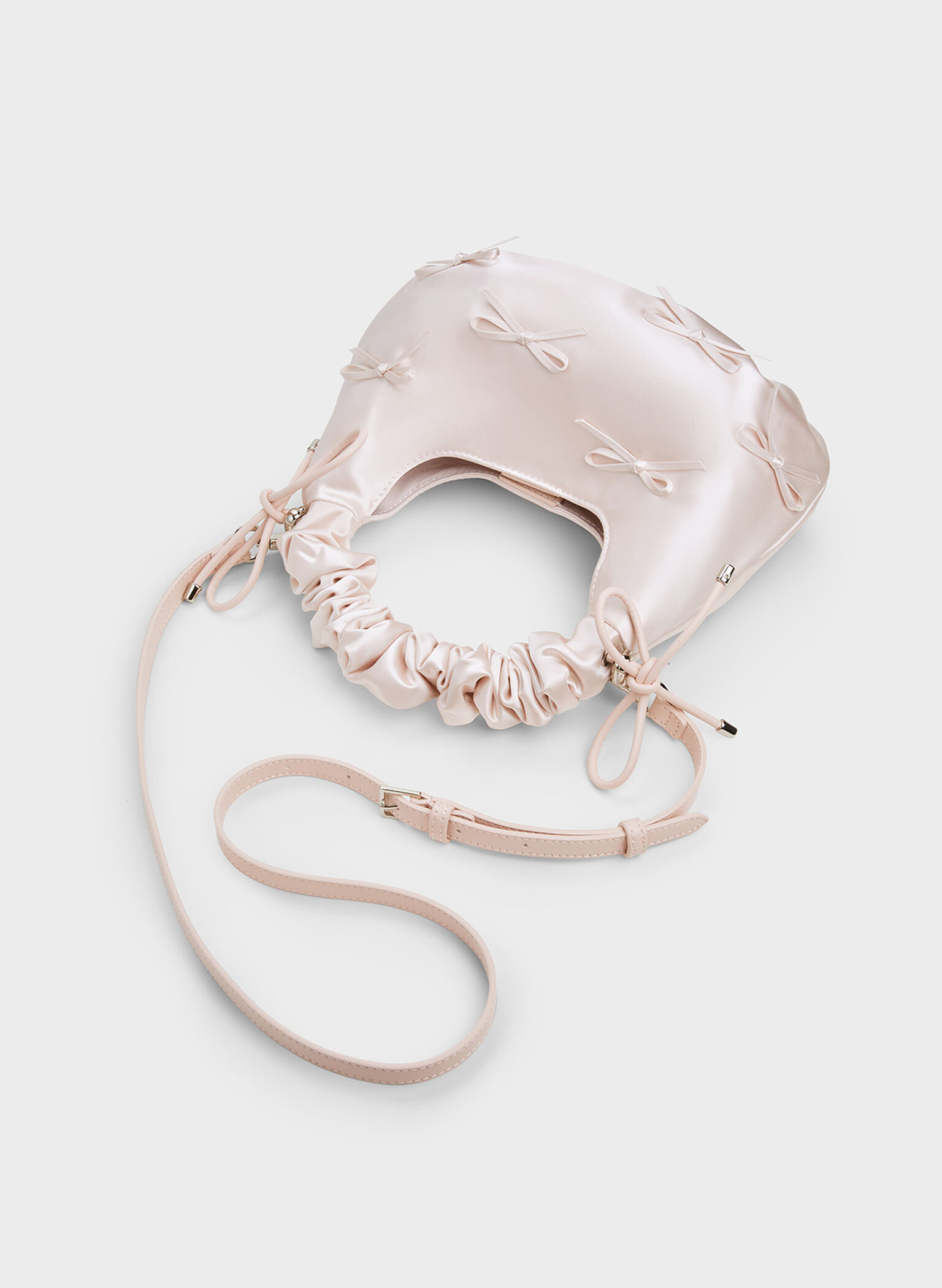 Satin Bow Ruched-Handle Bag, Baby Pink, hi-res