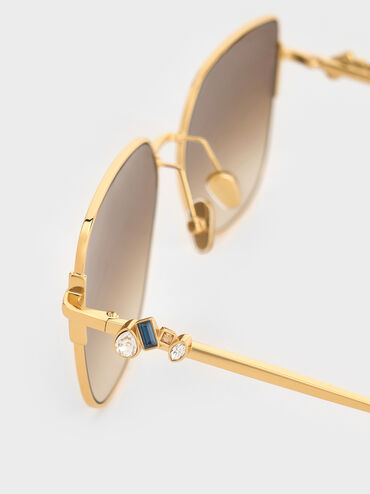 Crystal-Embellished Metal-Rim Butterfly Sunglasses, Gold, hi-res