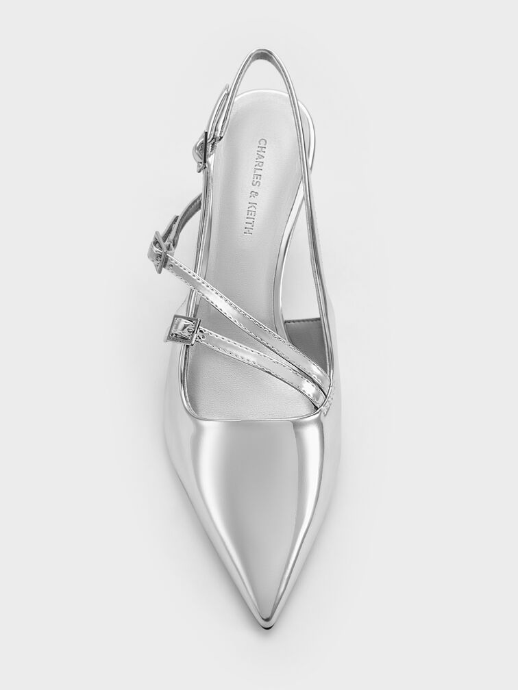 Metallic Buckle-Strap Kitten Heel Slingback Pumps, Silver, hi-res