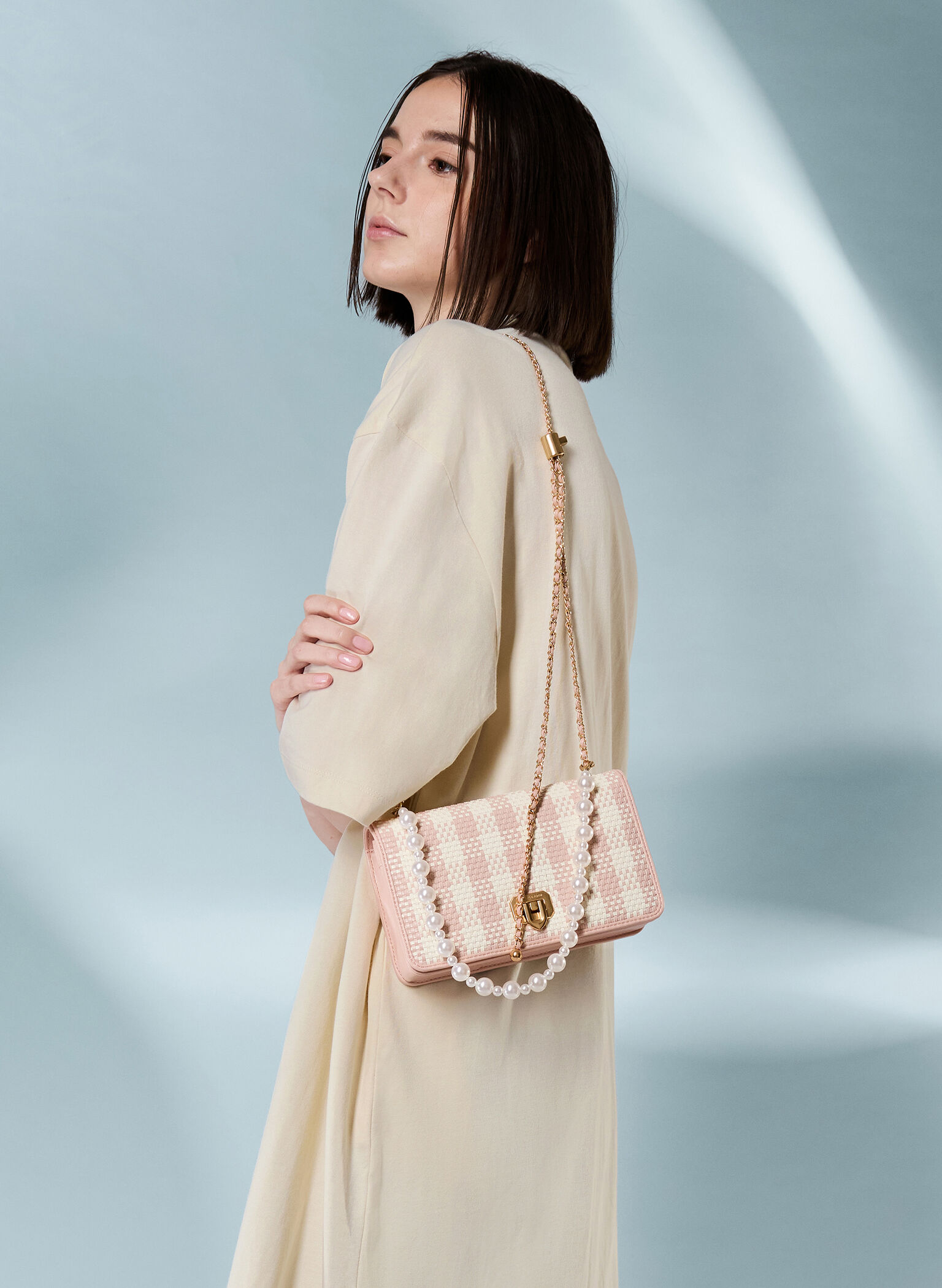 Alessia Checkered Pearl-Embellished Wallet on Chain, Light Pink, hi-res