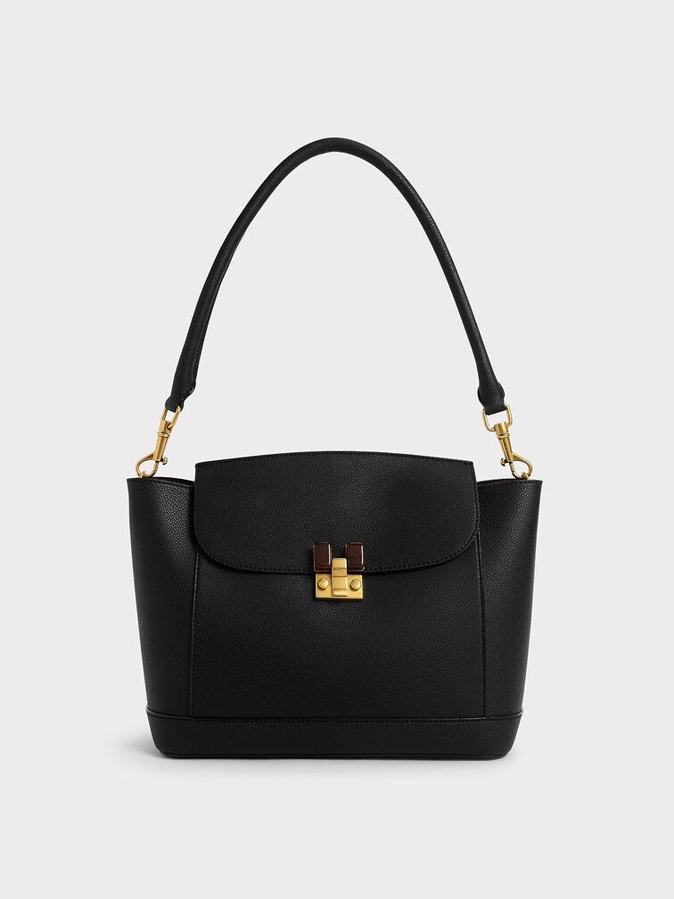 Embellished Push-Lock Shoulder Bag, Black, hi-res