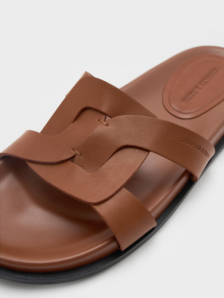 Interwoven Cut-Out Slide Sandals, Brown, hi-res