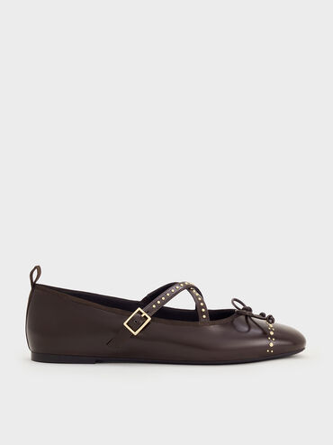 Studded Crossover-Strap Mary Jane Flats, Dark Brown, hi-res