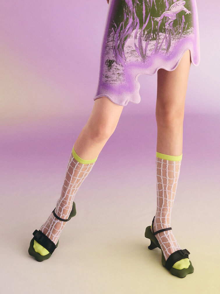 Nylon Wave-Edge Sculptural-Heel Sandals, Green, hi-res