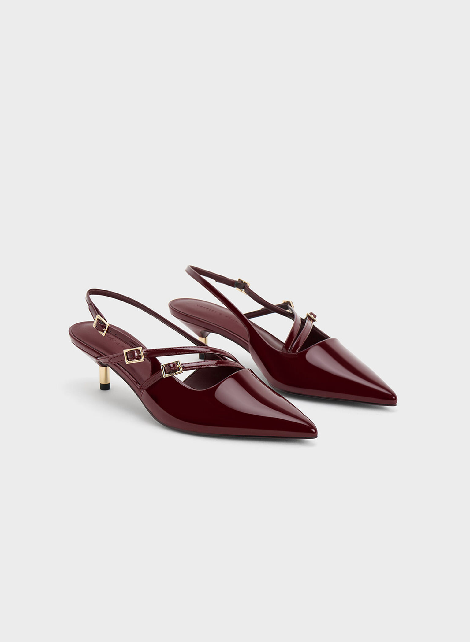 Patent Buckle-Strap Kitten Heel Slingback Pumps, Maroon, hi-res
