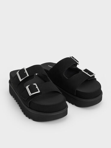 Buckled Double-Strap Flatform Sandals, Black, hi-res