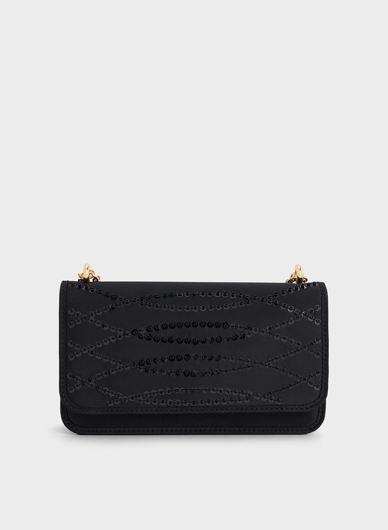 Satin Sequinned Chain-Handle Mini Bag, Black, hi-res