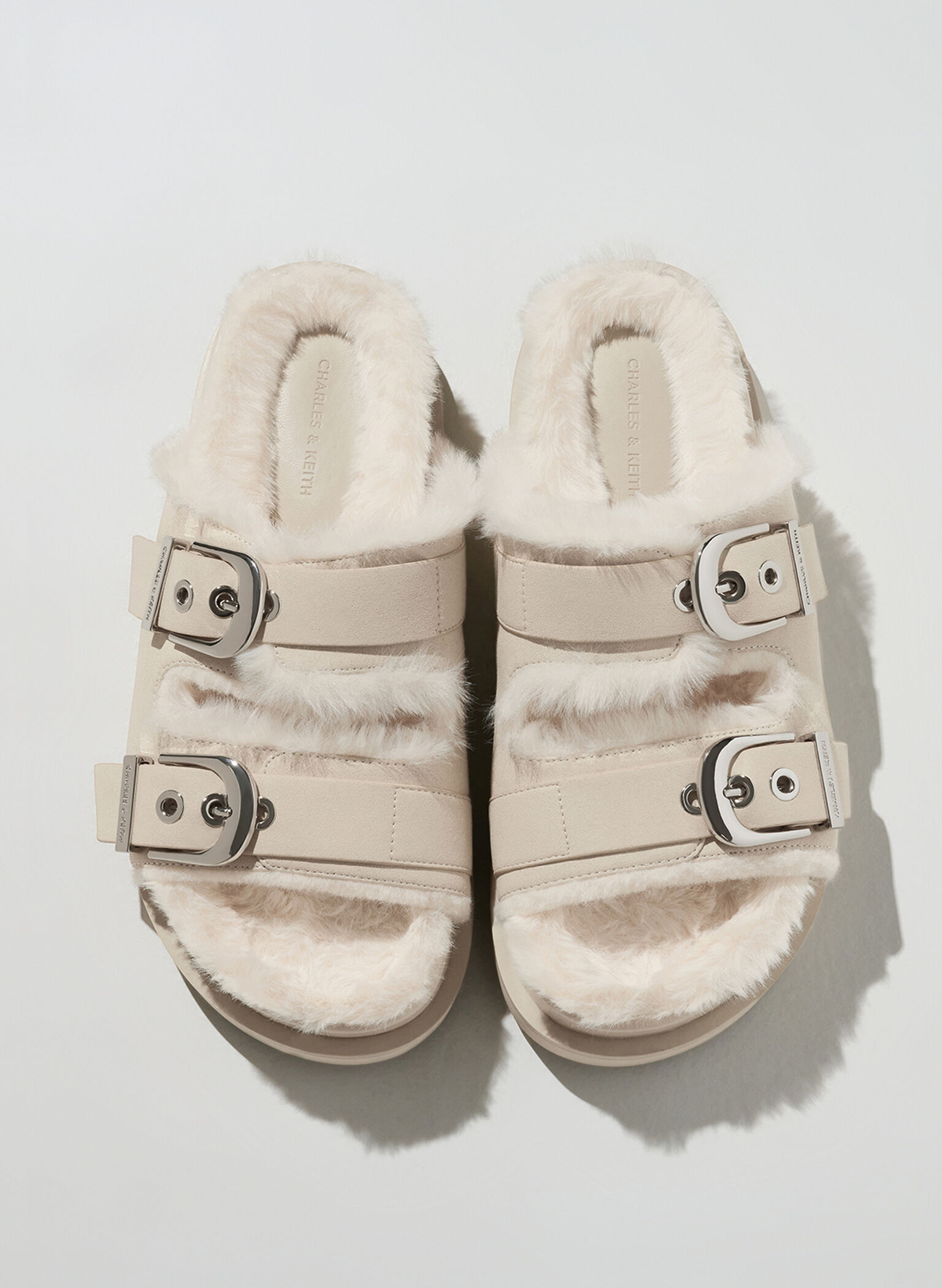 Hannah Furry Buckled Double-Strap Sandals, Beige, hi-res