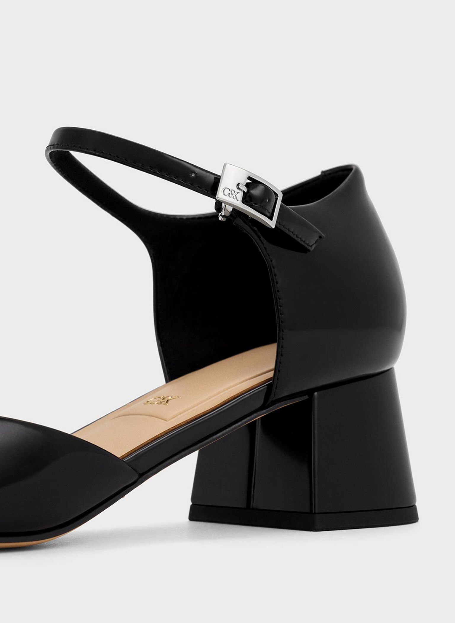 Leather Square-Toe D'Orsay Ankle-Strap Pumps, Black Box, hi-res