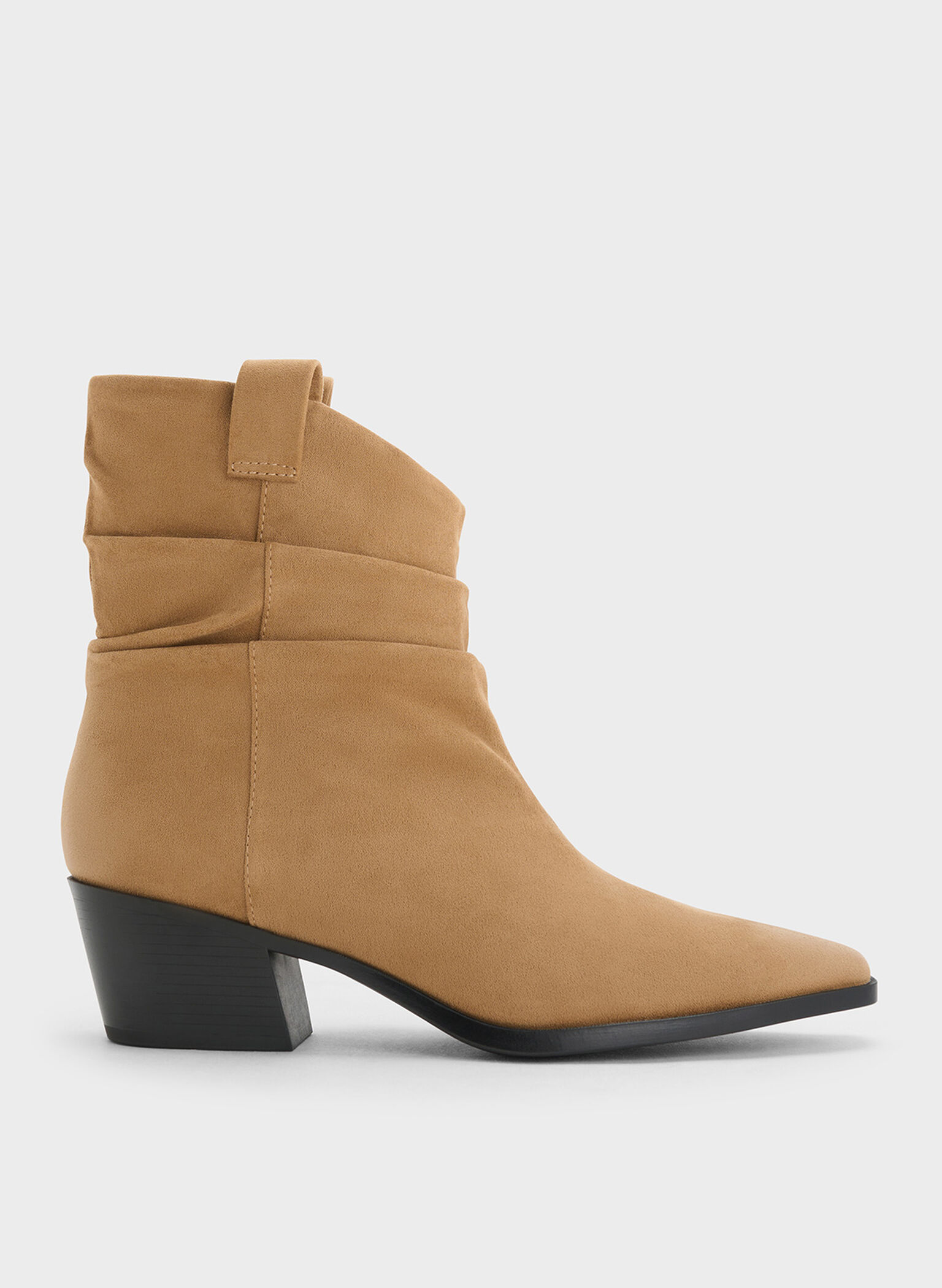 Faux Suede Ruched Almond-Toe Cowboy Ankle Boots, Tan, hi-res