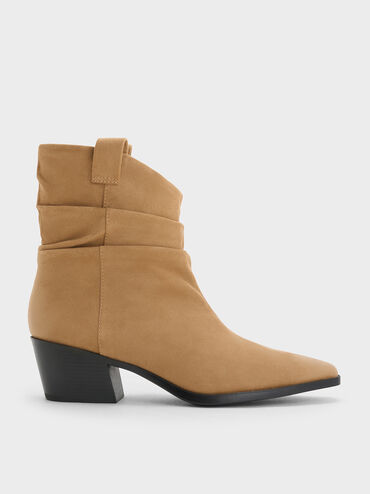 Faux Suede Ruched Almond-Toe Cowboy Ankle Boots, Tan, hi-res
