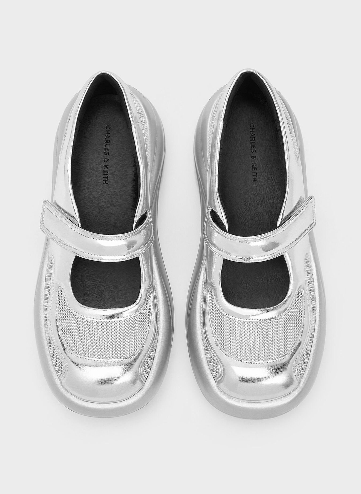 Metallic Curved Platform Mary Jane Sneakers, Silver, hi-res