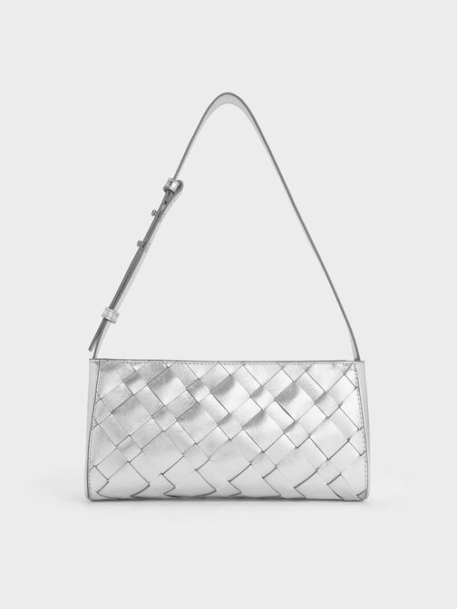 Ivette Metallic Woven Elongated Shoulder Bag, Silver, hi-res