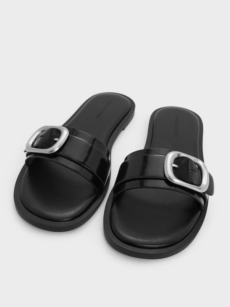 Buckle-Strap Slide Sandals, Black Box, hi-res