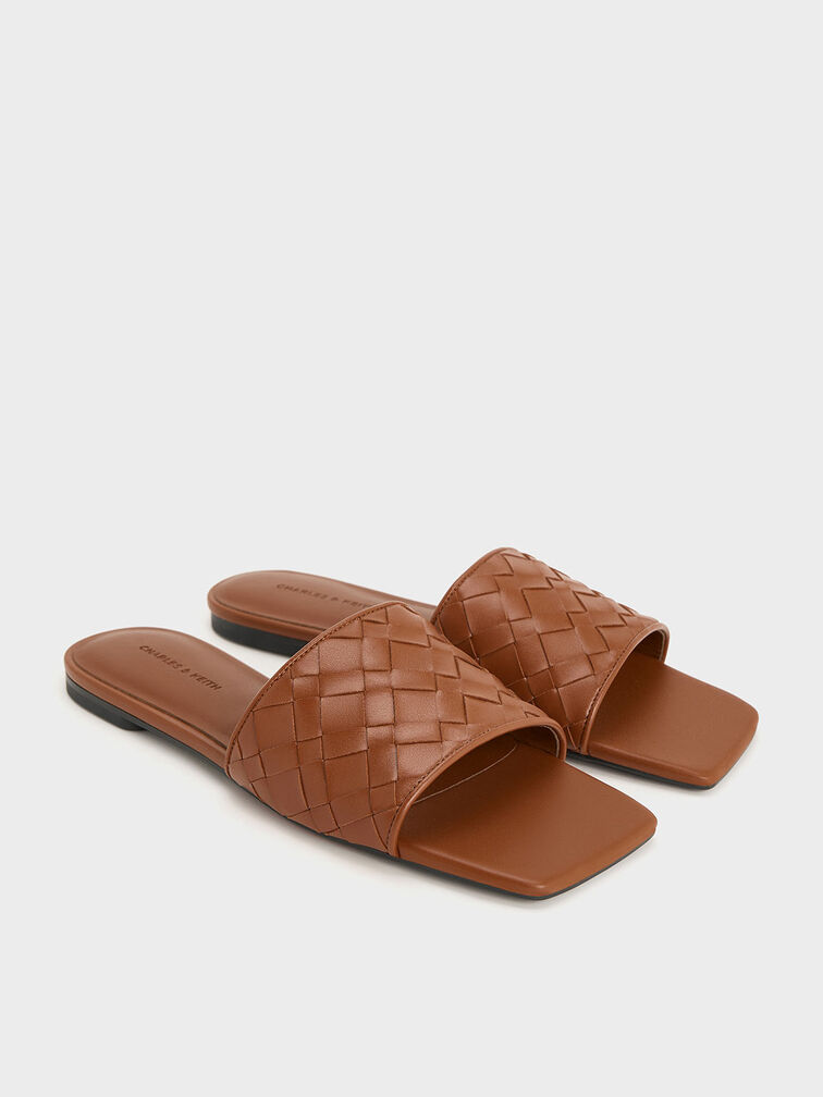 Woven Slide Sandals, Brown, hi-res