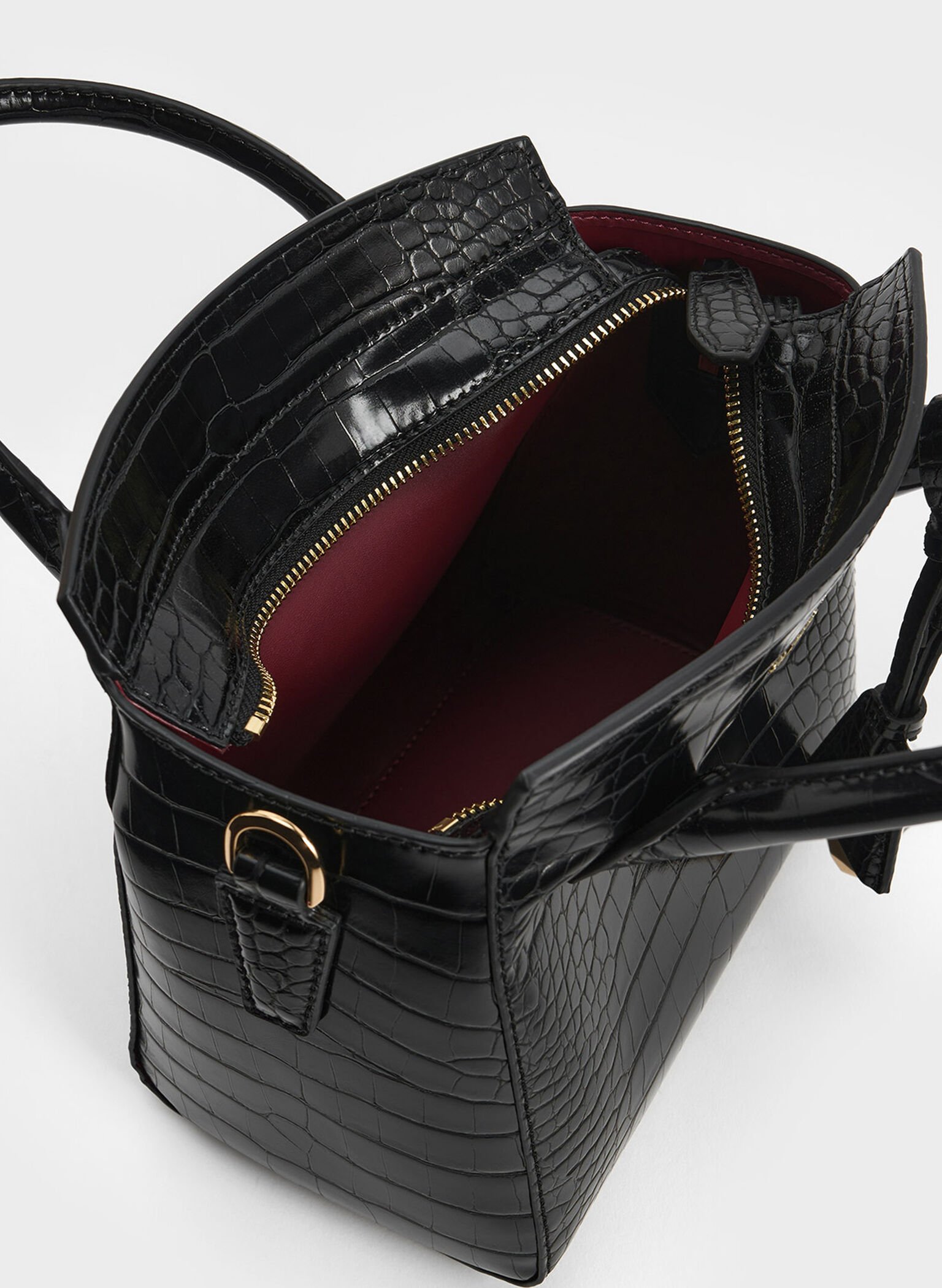 Croc-Effect Trapeze Tote Bag, Black, hi-res