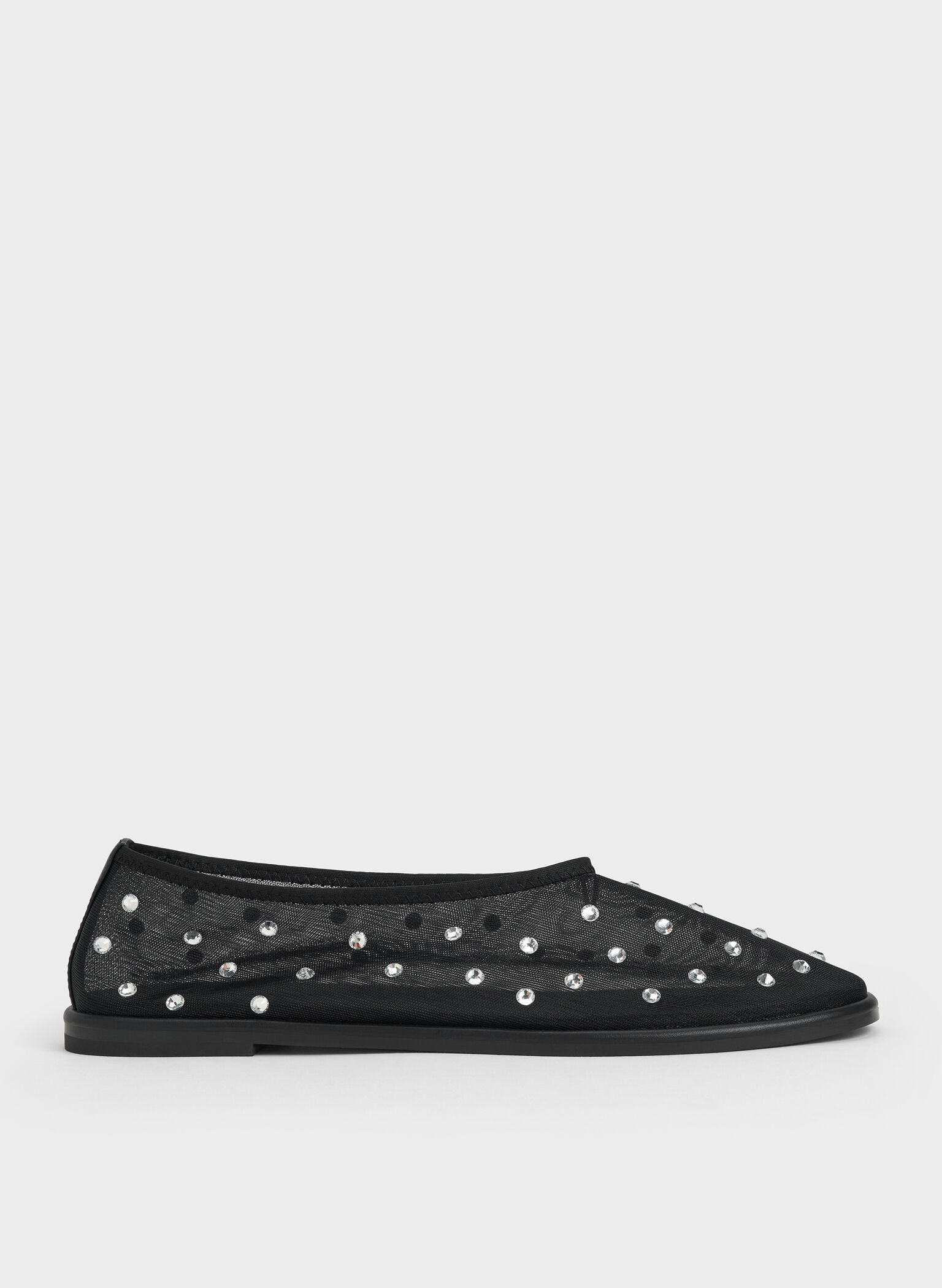 Mesh Gem-Embellished Ballet Flats, Black Textured, hi-res