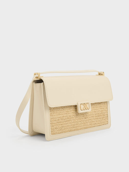 Leather & Raffia Shoulder Bag, Beige, hi-res