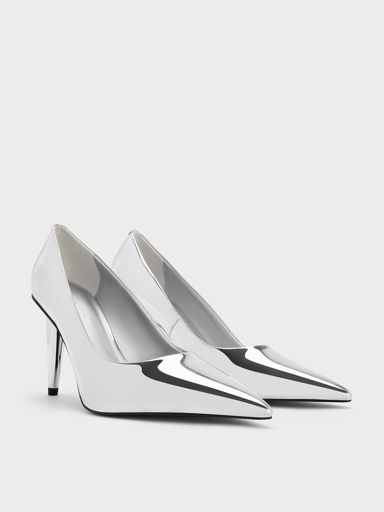 Metallic Cone-Heel Pointed-Toe Pumps, Silver, hi-res