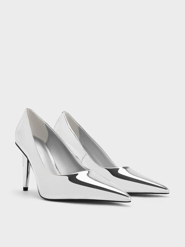 Metallic Cone-Heel Pointed-Toe Pumps, Silver, hi-res