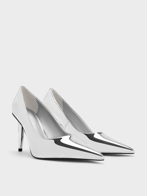 Metallic Cone-Heel Pointed-Toe Pumps, Silver, hi-res