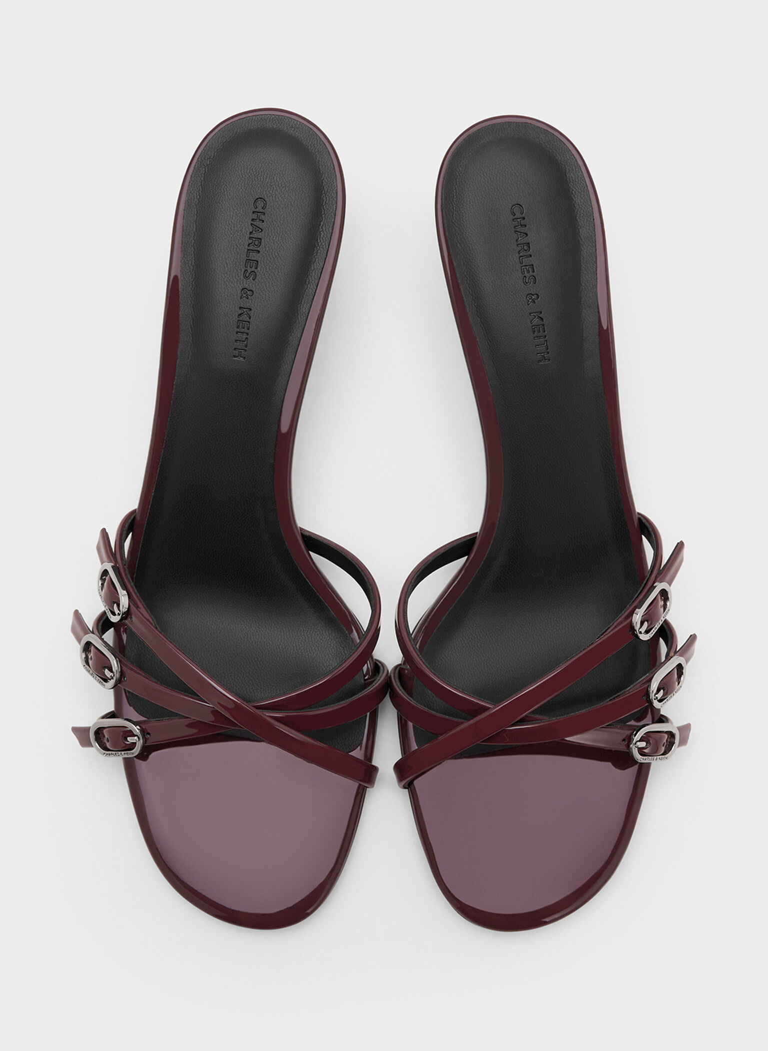 Patent Buckled Strappy Kitten-Heel Mules, Burgundy, hi-res