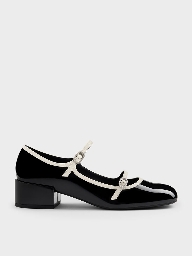 Patent Contrast-Trim Double-Strap Mary Jane Pumps, Black Patent, hi-res