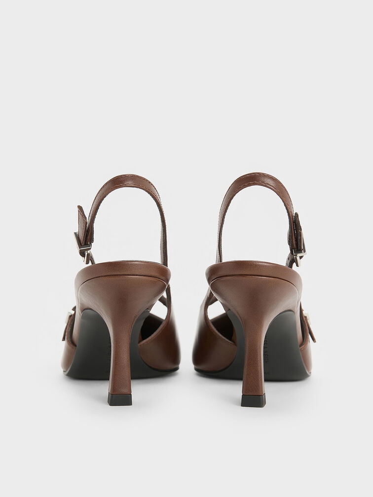 T-Bar Pointed-Toe Slingback Pumps, Brown, hi-res