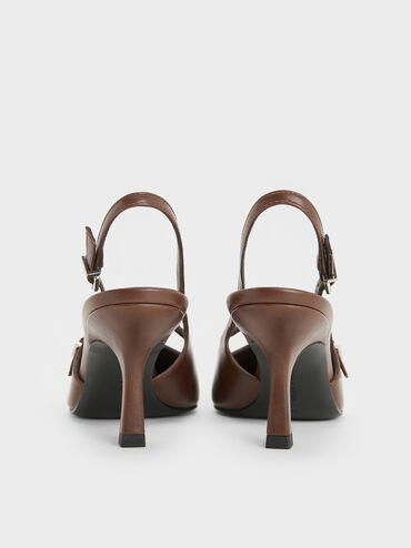 T-Bar Pointed-Toe Slingback Pumps, Brown, hi-res